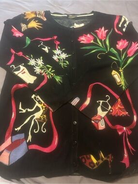 Elizabeth New York Black Floral Button-Front Cardigan Sweater